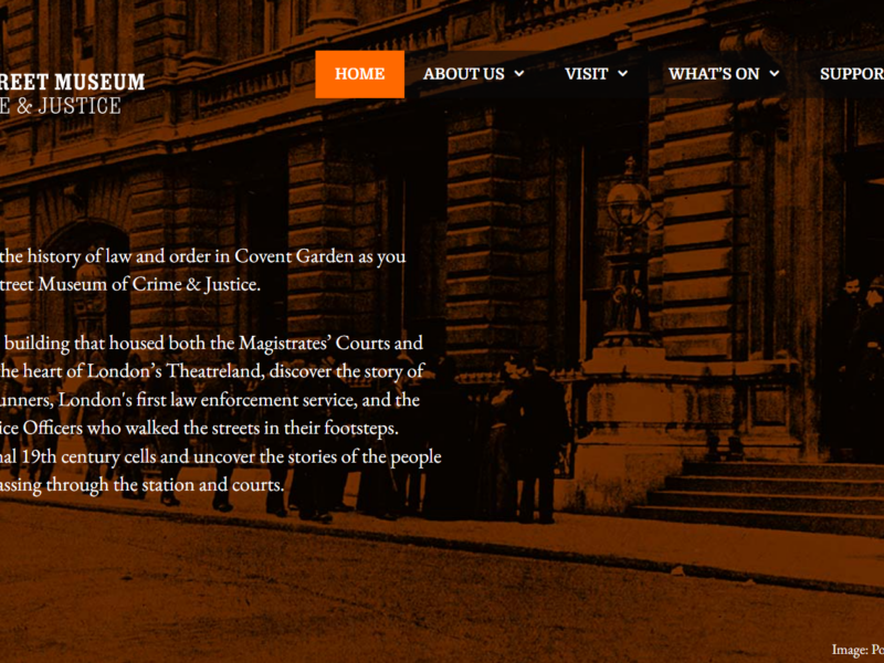 Homepage of a website: The Bow Street Museum of Crime and Justice, featuring menu options and an introduction to the museum.