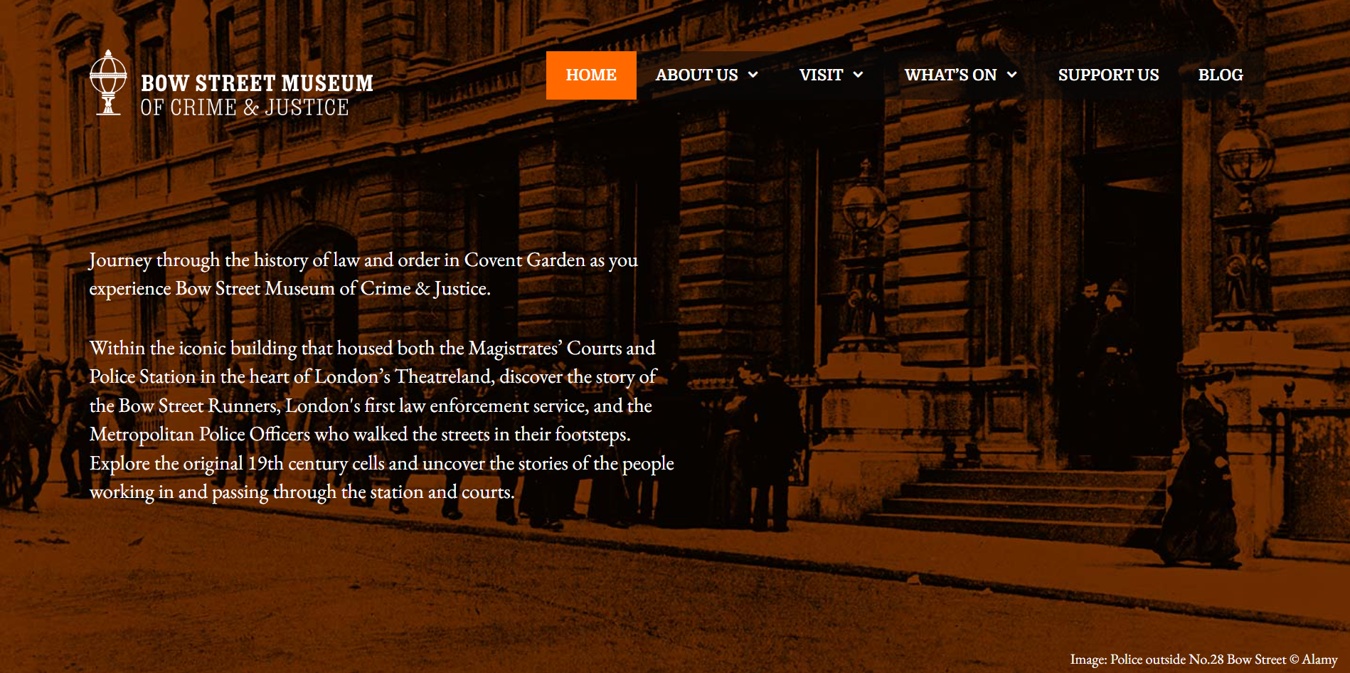 Homepage of a website: The Bow Street Museum of Crime and Justice, featuring menu options and an introduction to the museum.