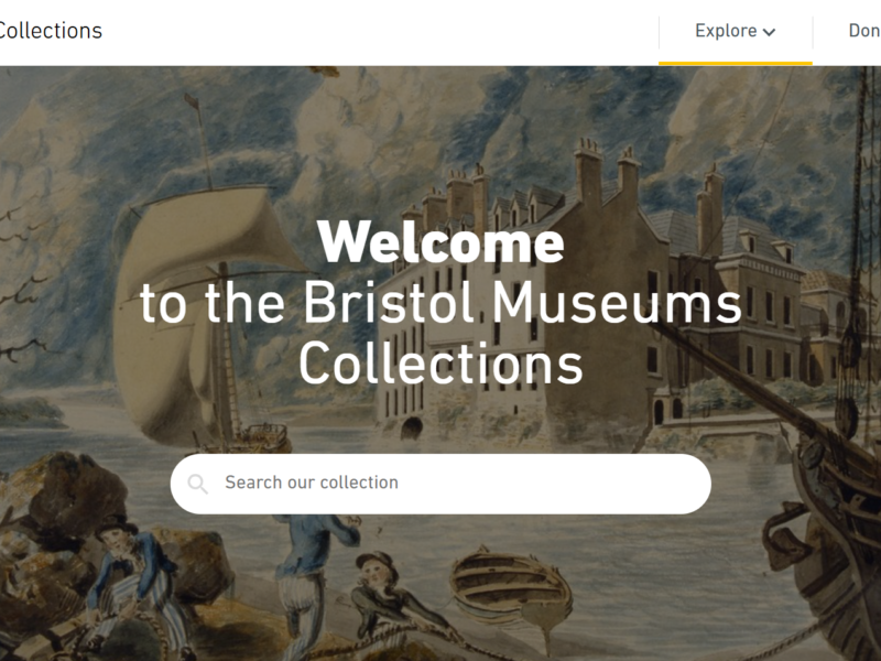 Homepage of a website: Bristol Museums Collections, with a prominent search box and a background oil painting of ships in a river.