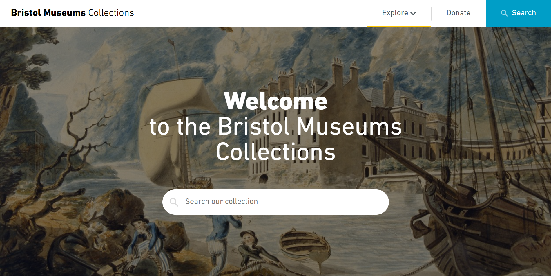Homepage of a website: Bristol Museums Collections, with a prominent search box and a background oil painting of ships in a river.