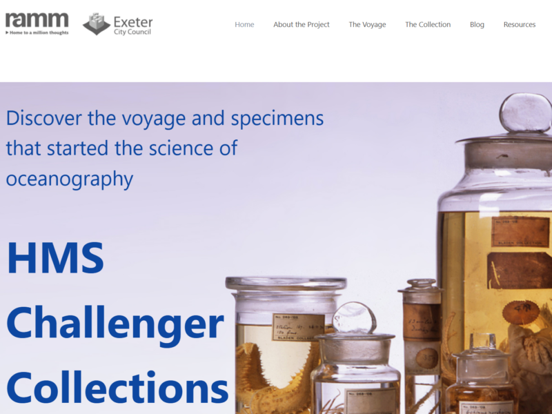 Homepage of a website: HMS Challenger Collections, with menu and logos of institutions