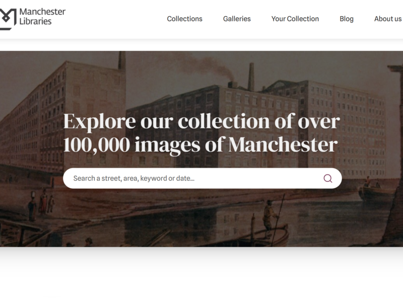 Homepage of Manchester Libraries with the text Explore our collection of over 100,000 images of Manchester and a prominent search box.
