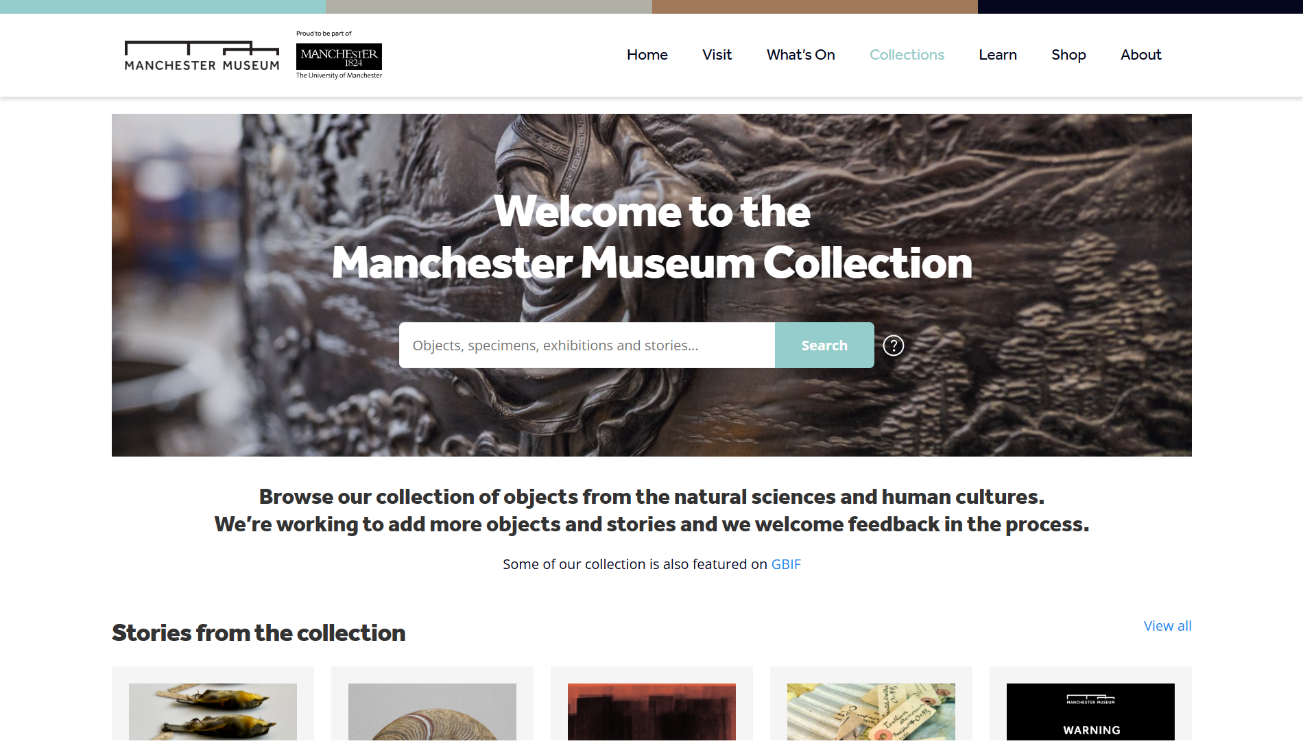 manchester-museums Website homepage of the Manchester Museum Collection with a prominent search box