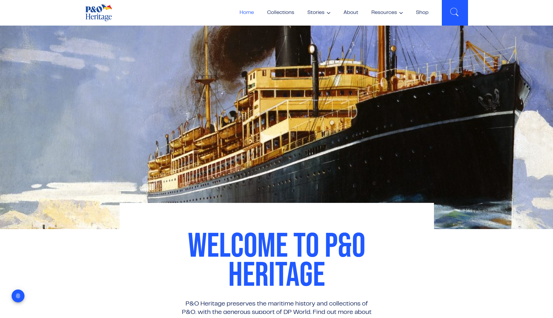 poheritage Homepage of a website: Headline text reads: Welcome to P&O Heritage, with a large image of a ship.