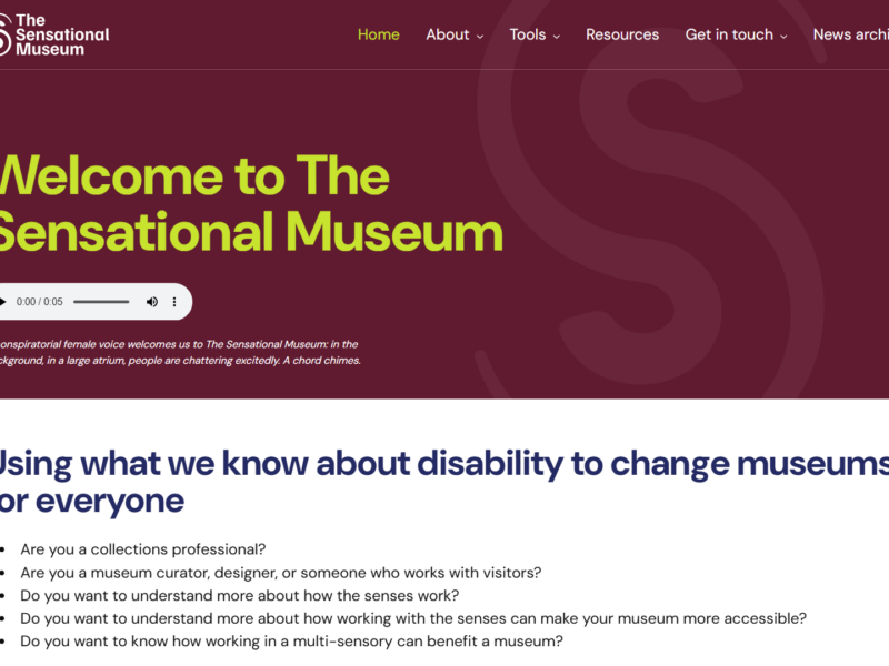Homepage of a website: The Sensational Museum, describing the project, with an embedded audio track.