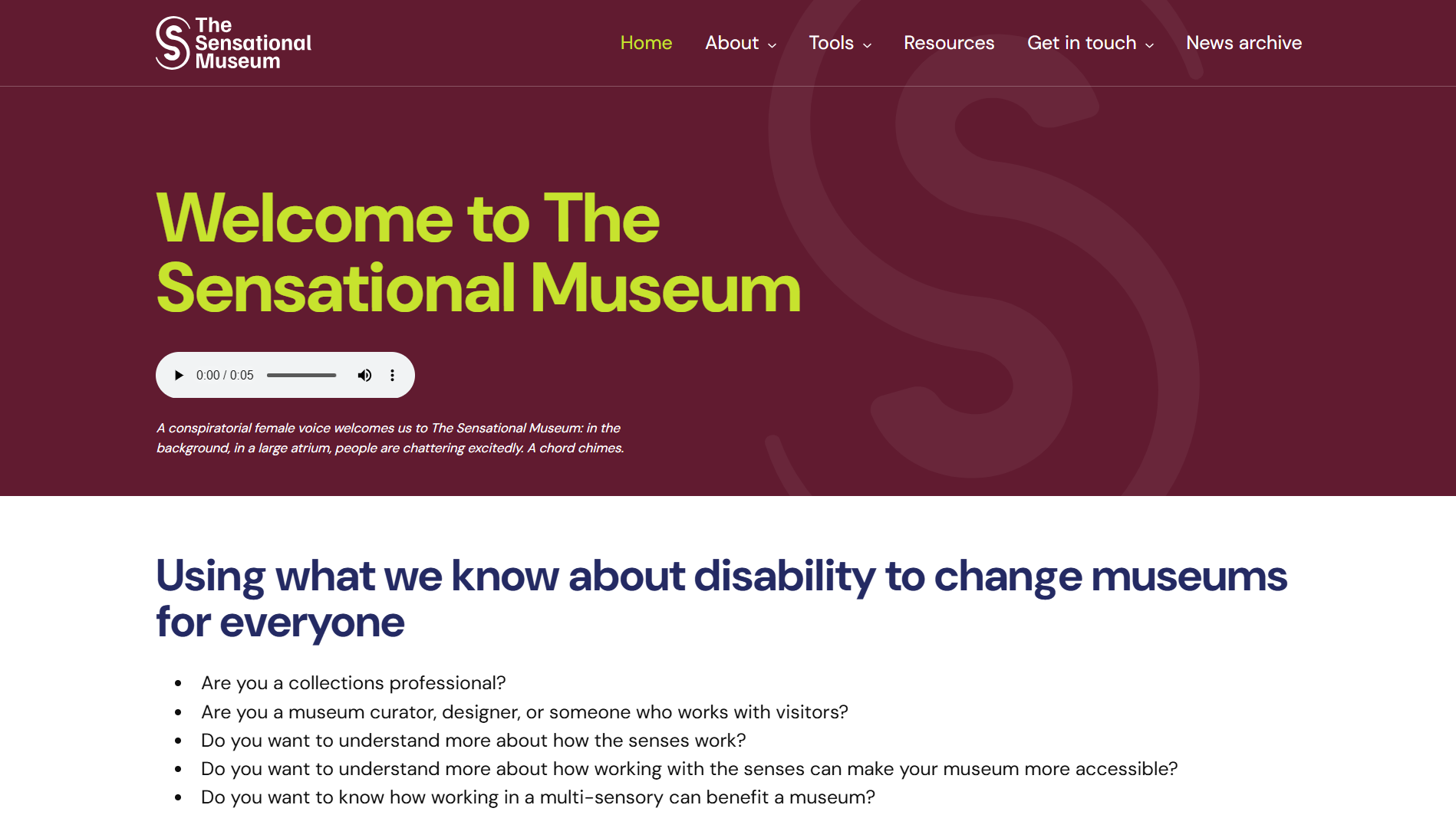Homepage of a website: The Sensational Museum, describing the project, with an embedded audio track.