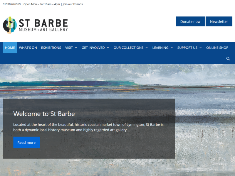 Homepage of a website: St Barbe Museum & Art Gallery with menu options and a painting of a coastline