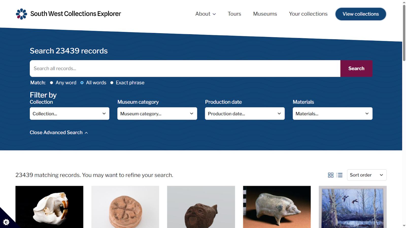 Screenshot of a collections search screen with 23,000 results and advanced filters visible