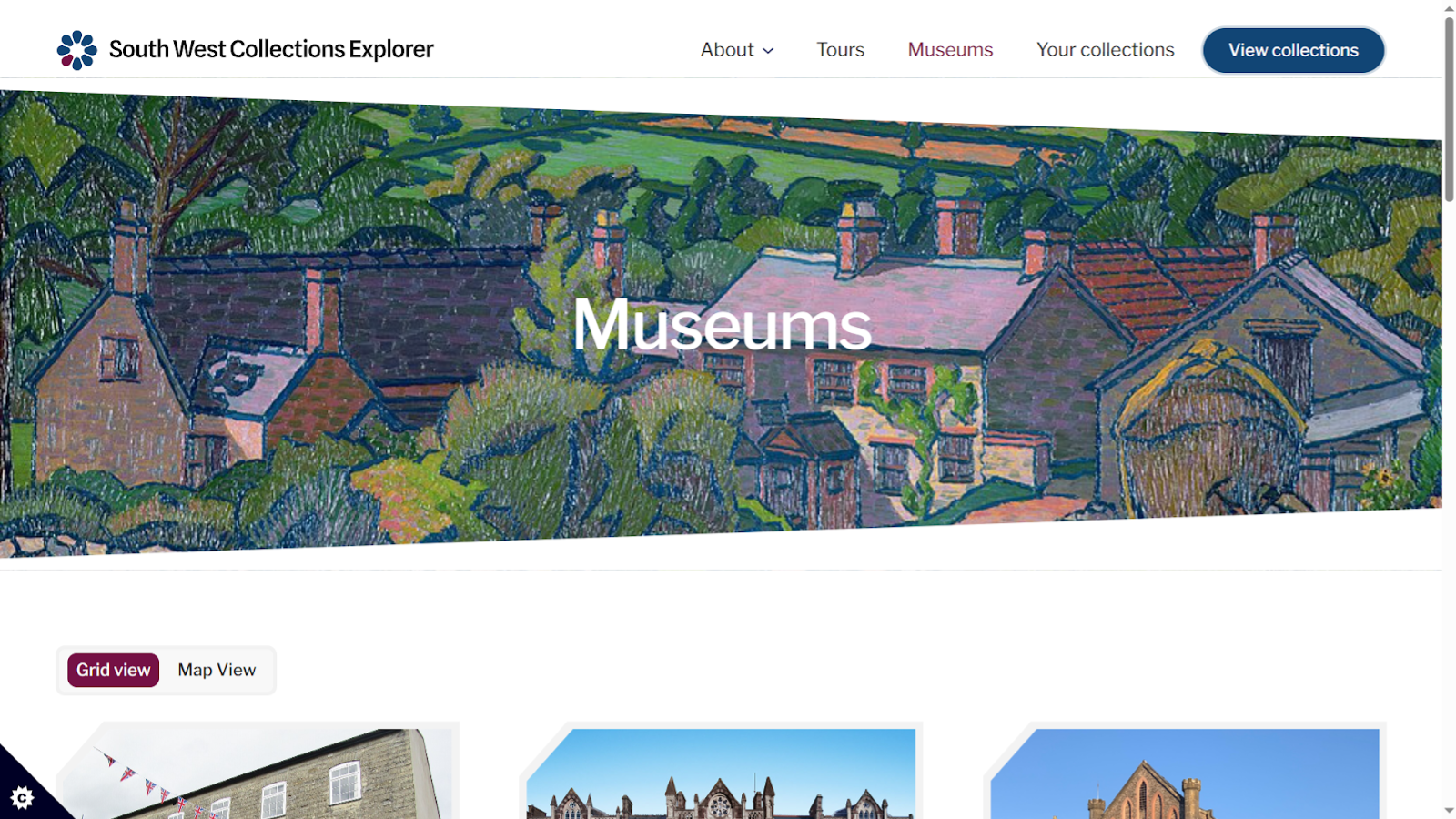 Screenshot of a page header that reads 'Museums' over a colourful painting