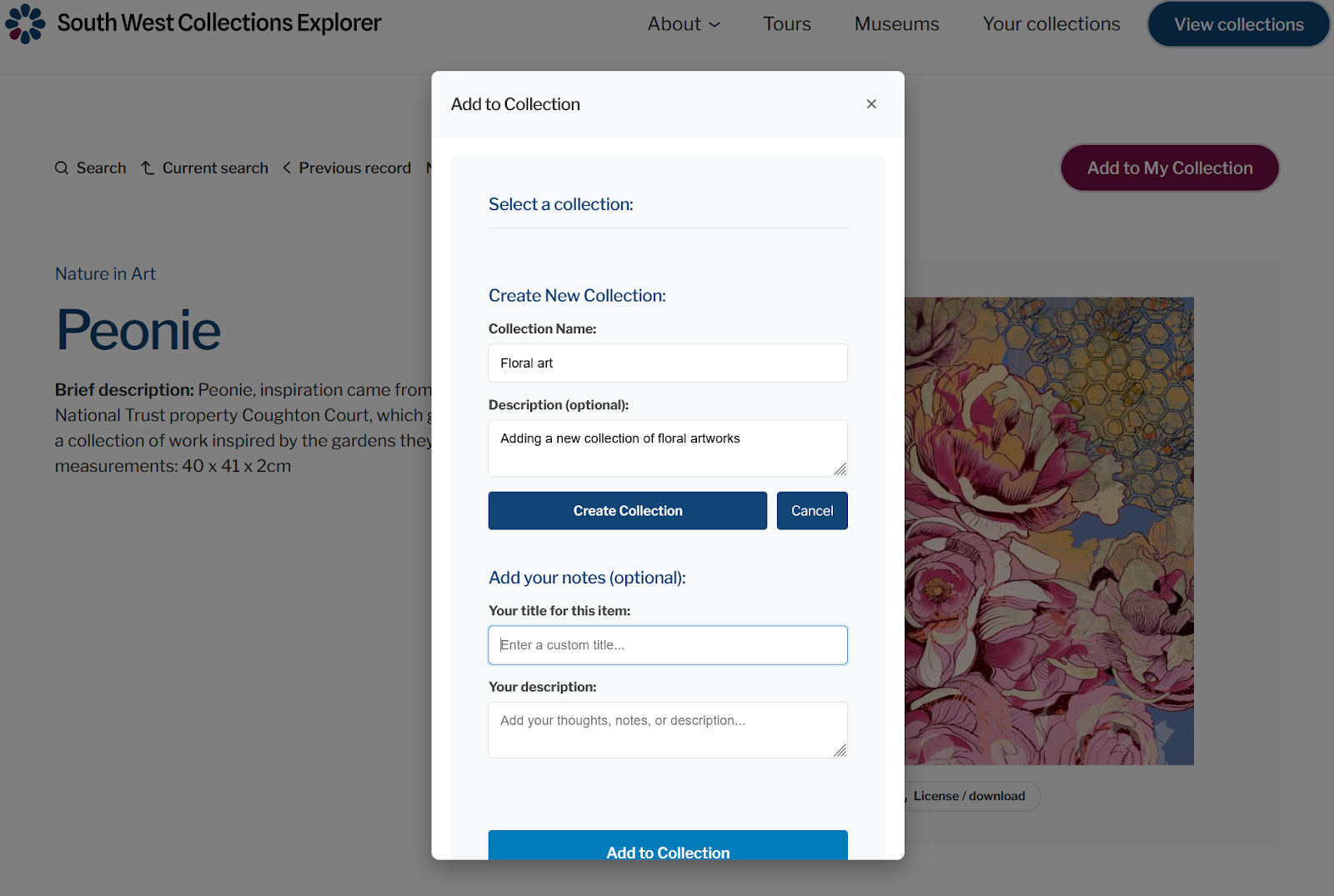 Screenshot of a popup that allows the user to add an object to a personal collection