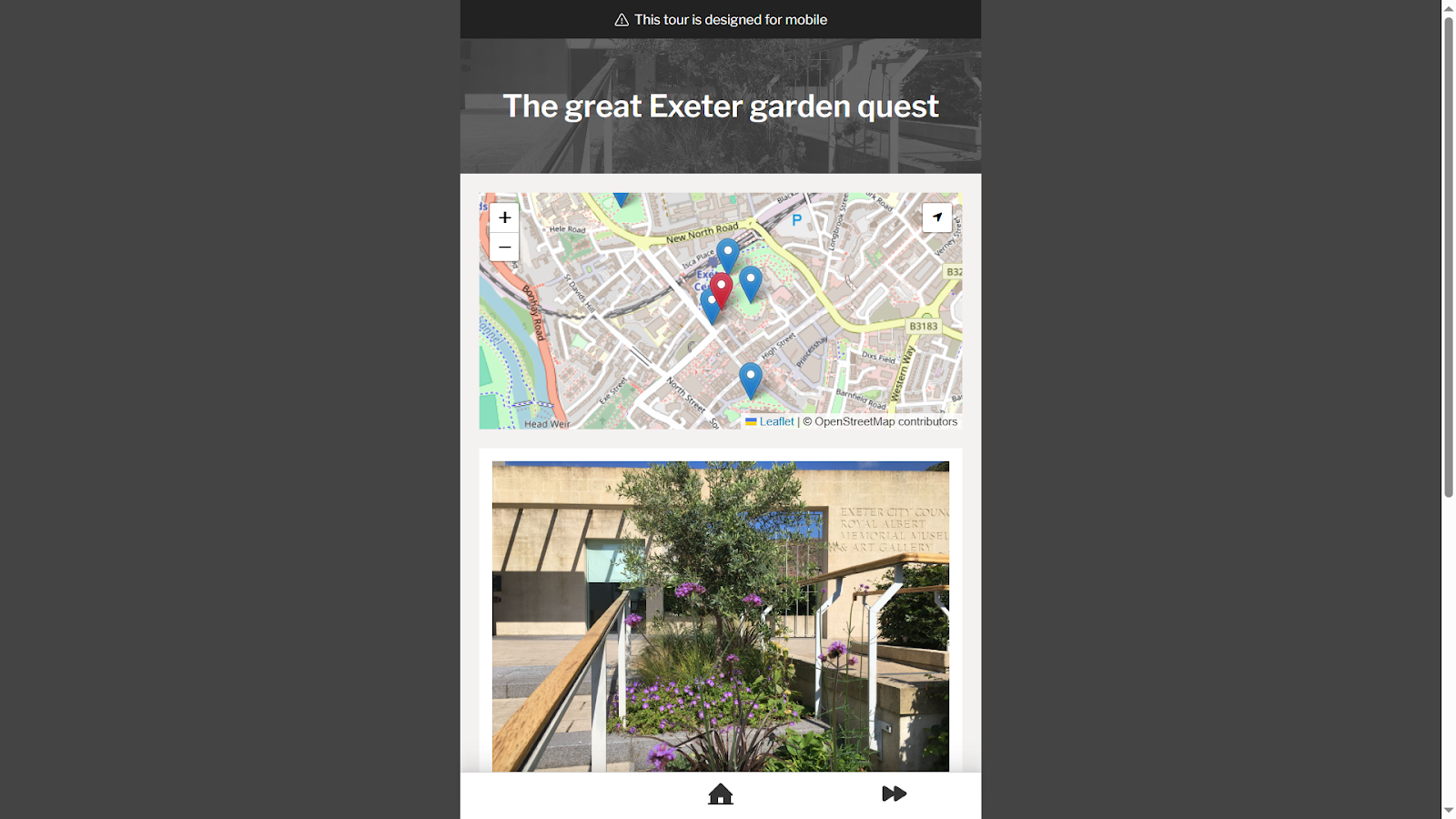 Screenshot of a mobile tour with a map and a photo